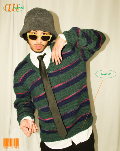 UNISEX Striped Forest Green V-Neck Sweater